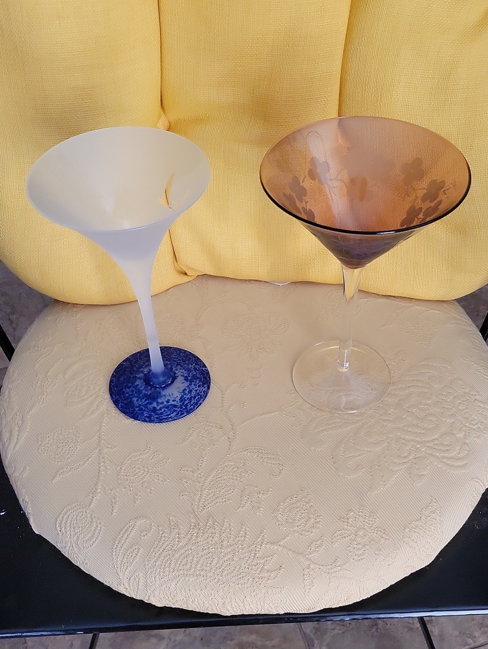 Elegant Blue-Base and Amber Etched Martini Glasses - Set of 2
